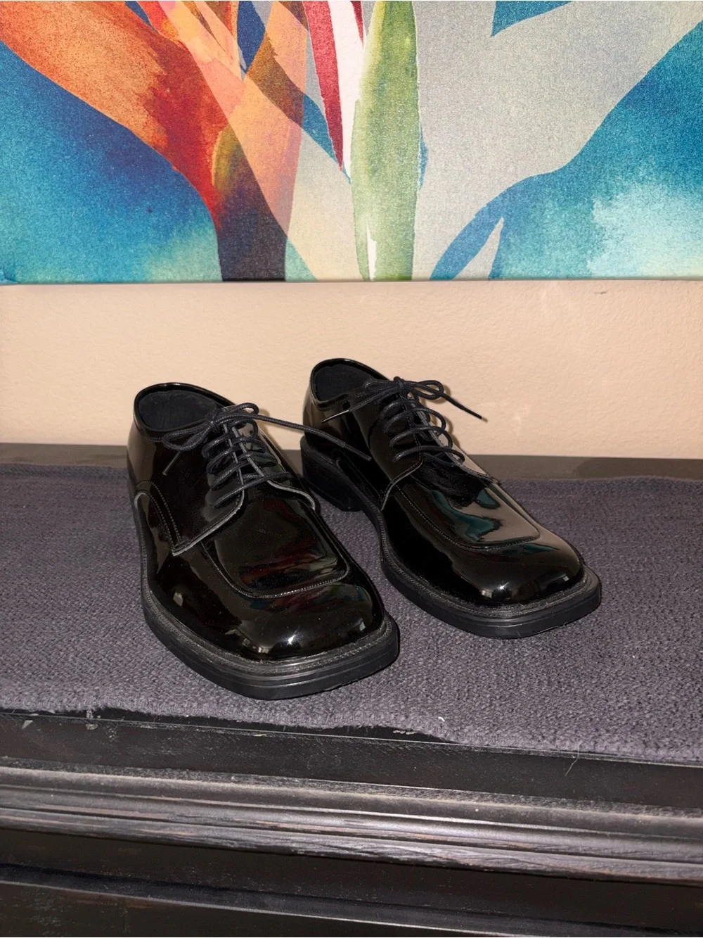 Men’s American Vintage Gloss Black Leather Dress Shoes Polished Oxfords, size 12